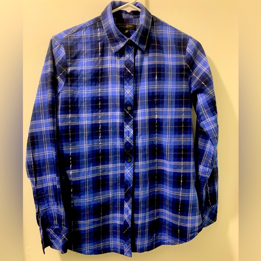Banana Republic Dillon XS Blue Plaid button down shirt with metallic accent